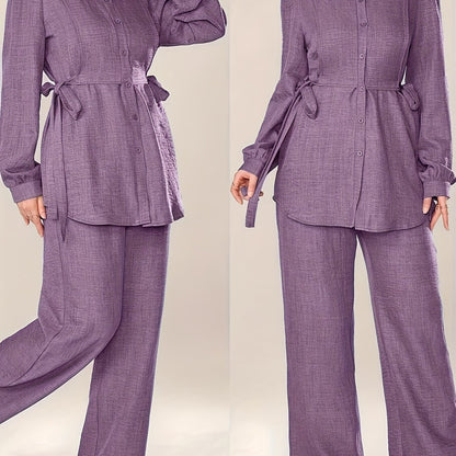 Women'S Solid Color Long Sleeve Knotted Waist Single-Breasted Shirt and Pants Elegant Commuter Set, Two-Piece Summer Autumn Women'S Outfit Office Business Casual Women'S Suit