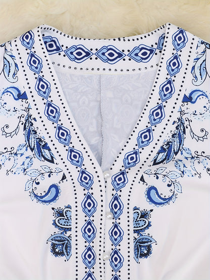 Holiday Cheer] Women's Bohemian Floral Print Half-Sleeve Midi Dress with Belt - V-Neck, Lightweight Polyester, Perfect for Summer Vacations, Casual Summer Wear|Print Casual Dress|Lightweight Dress, Holiday Dress