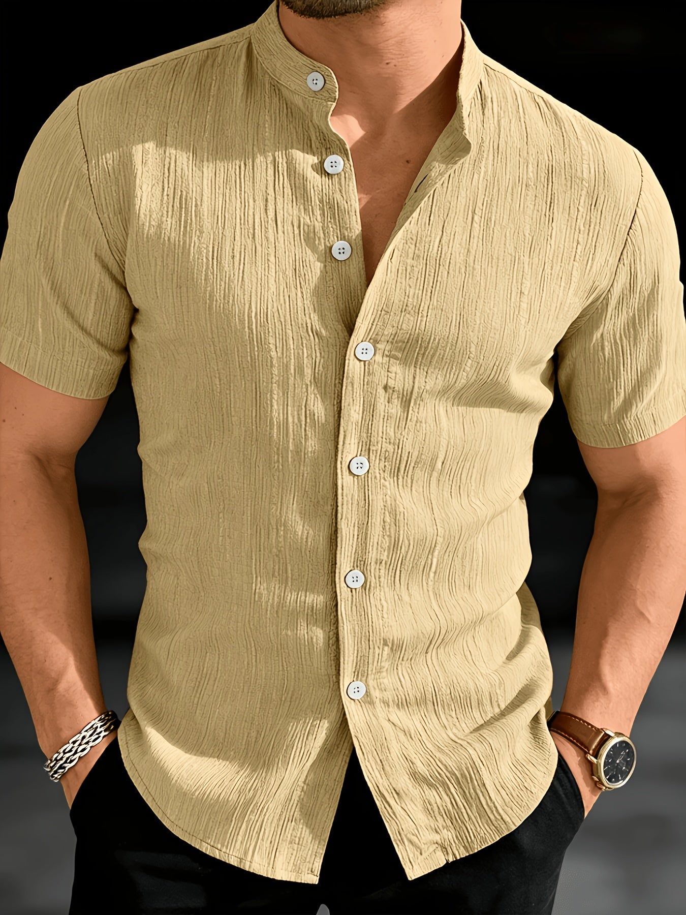 Men's Black Textured Stand Collar Short Sleeve Shirt