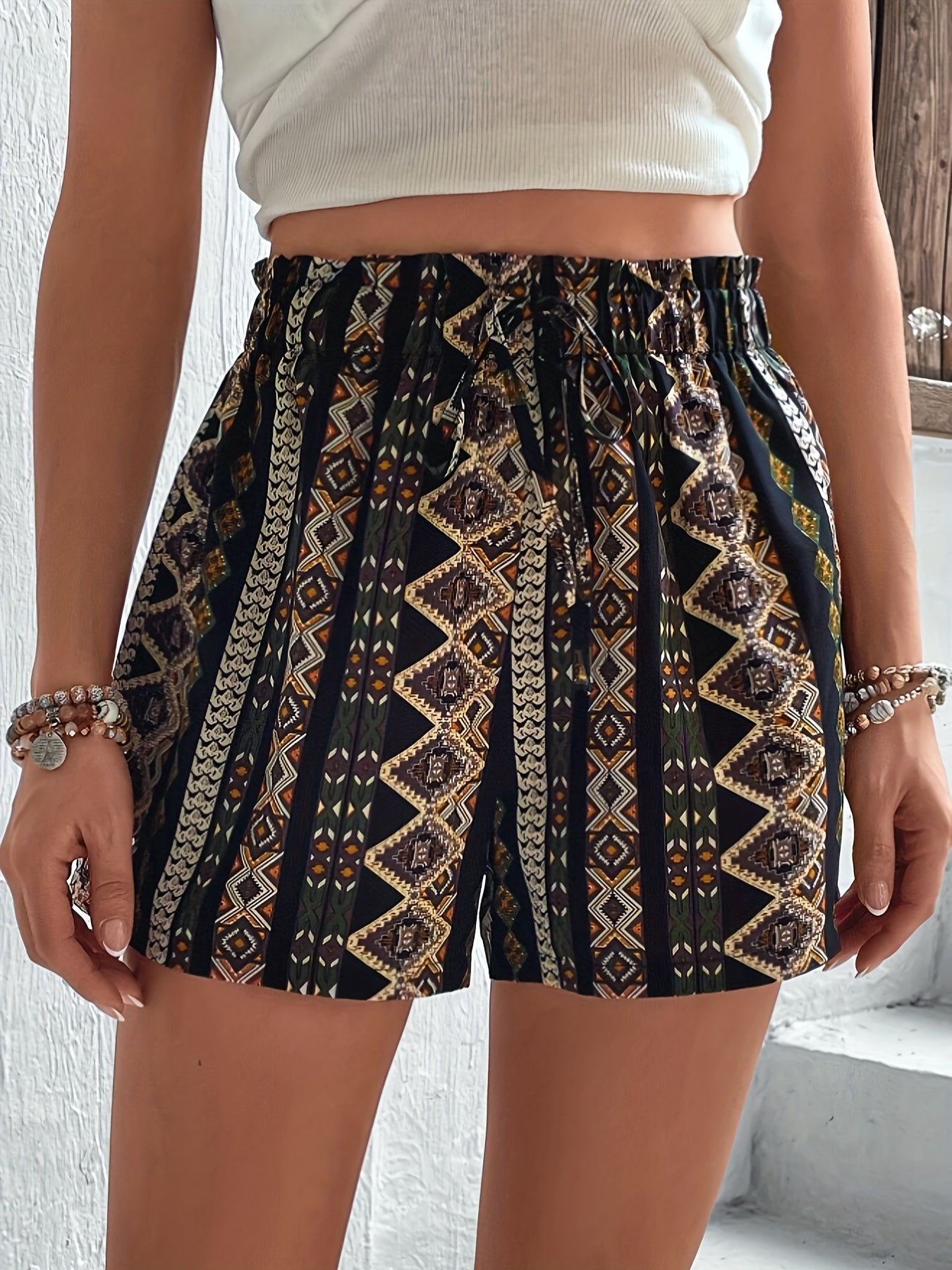 Tribal Print High Waist Loose Shorts, Casual Elastic Waist Shorts For Spring & Summer, Women's Clothing