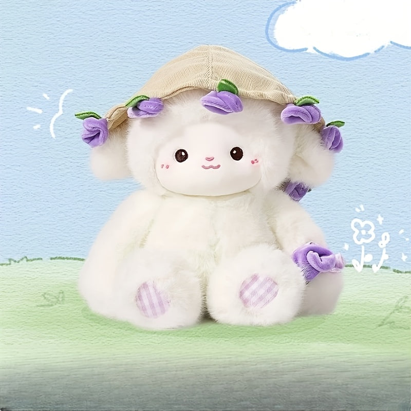 Adorable Plush Doll of a Cartoon Sheep Holding a Flower, Featuring a Fluffy Simulation Lamb Design. This Cute Kawaii Animal Plush Toy Makes a Perfect Birthday Gift