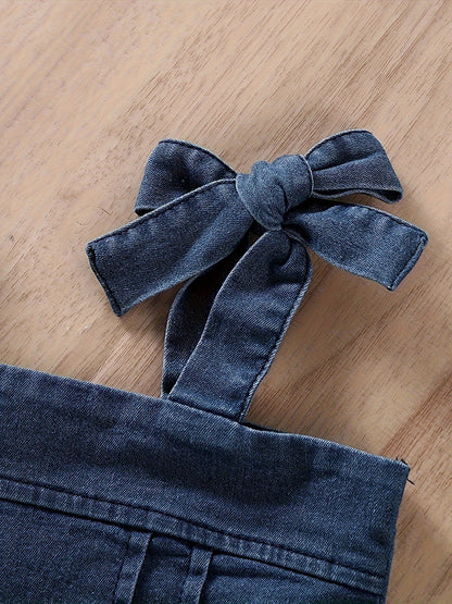 Relaxed Fit, Chic Girl's Denim Outfit Set - անթև վերնաշապիկ և բարձր գոտկատեղով բացված շալվար գոտիով, բամբակյա խառնուրդ, լվացվող մեքենայում, կատարյալ դրսում