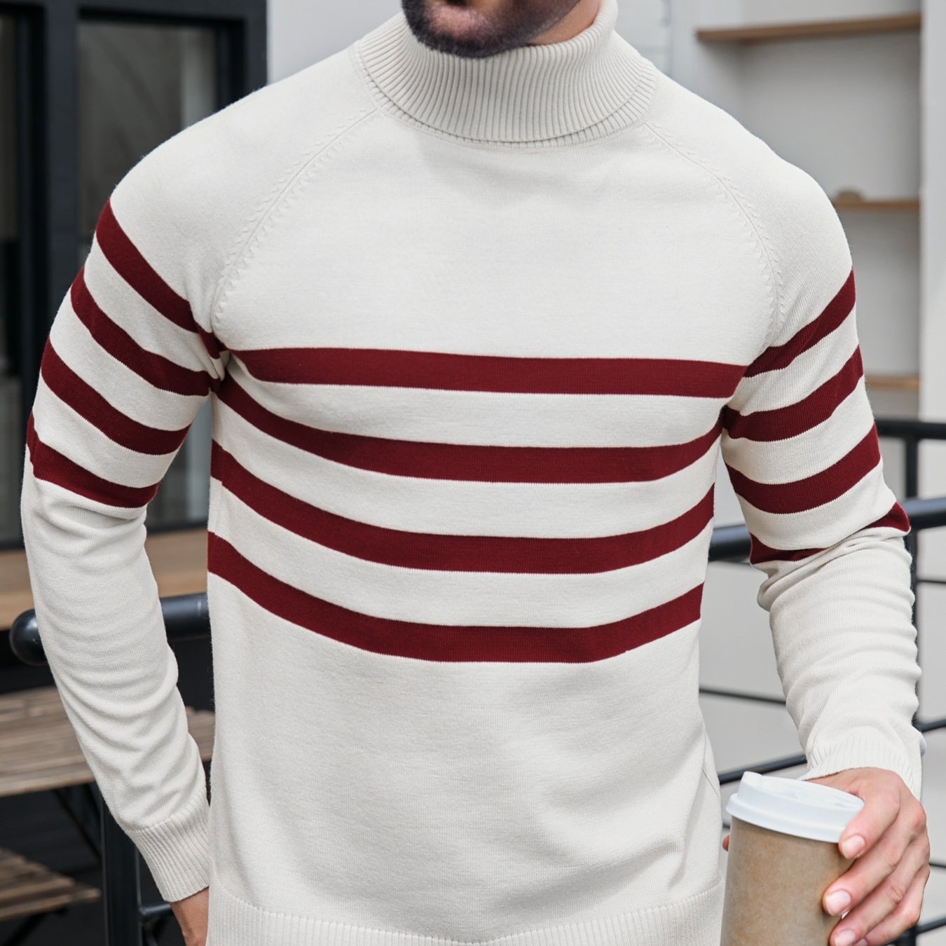 Men's High Neck Long Sleeve Striped Contrast Color Pullover Sweater - ayq