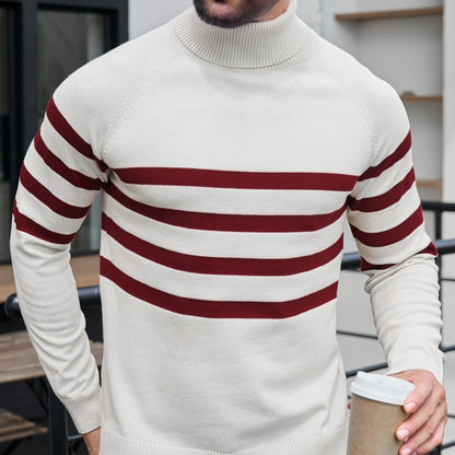Men's High Neck Long Sleeve Striped Contrast Color Pullover Sweater - ayq
