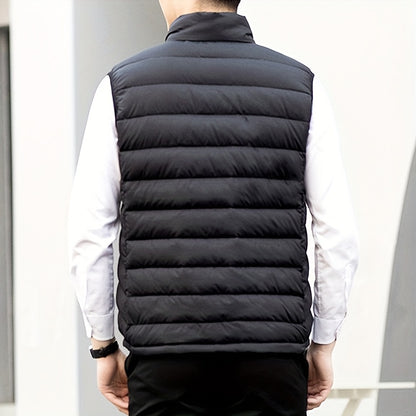 Men's Winter Sleeveless Warm Vest Jacket, Casual Fashion Zippered Multi-Pocket Solid Color Stand Collar Black Thermal Gilet for Autumn/Winter Outdoor Leisure Sports Hiking Lightweight Waistcoat Coat