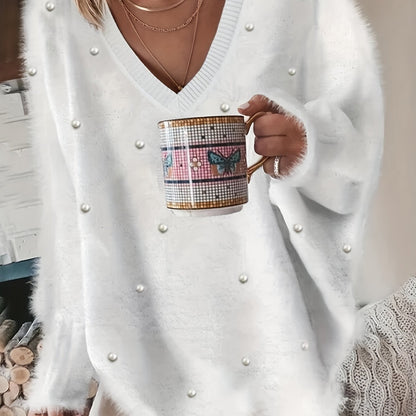 Մեծ չափս - Կանացի հարմարավետ դեղին V-ձև օձիքով սվիտեր՝ մարգարիտ կոճակներով և բրդյա եզրերով թևքերով - Ասիմետրիկ եզր, երկրաչափական նախշ, առօրյա ձմեռային սվիտեր առօրյա հագուստի համար, Ձմեռային հագուստ | V-ձև օձիքով սվիտեր | Մարգարիտ կոճակների մանրամասներ, Sw