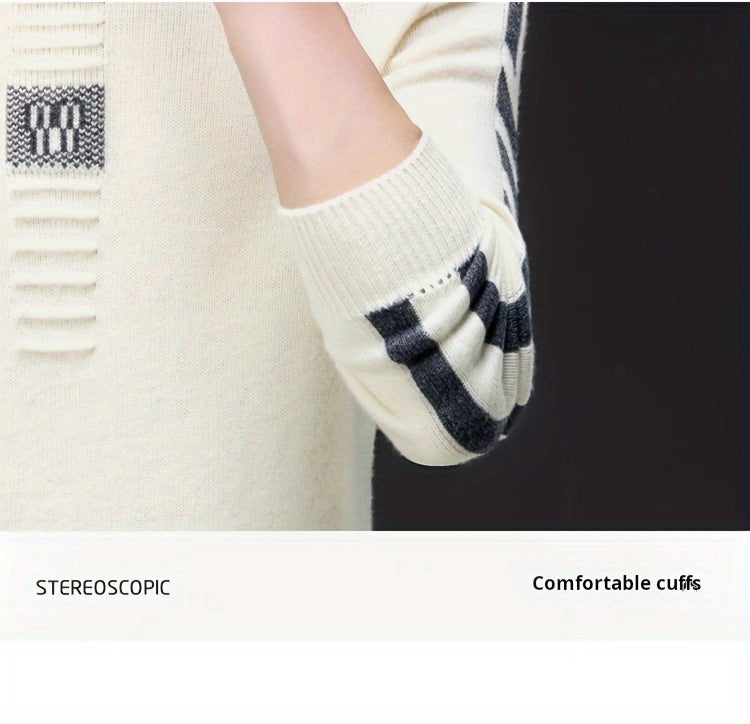 This Thick, Round-Neck Long-Sleeve Sweater for Men Features a Soft And Comfortable Design with Stylish Striped Edges, Perfect for Outdoor Gatherings And Everyday Wear, And Can Be Layered