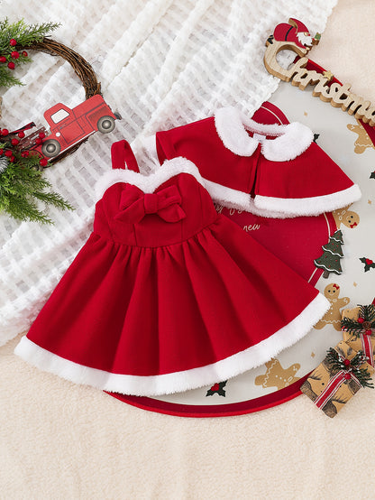 2pcs Girls' Bow Tie Suspender Dress + Shawl Children Christmas Party Gown, Seasonal Clothing, Holiday Dress, Stylish Outfit, Strapless Dress, Durable Dress, Comfortable Material, Shawl Dress, Children's Dress, Fashion