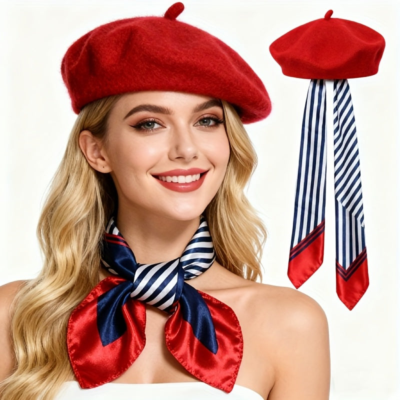 Women’s Autumn Winter Beret Hat and Scarf Set with Bow