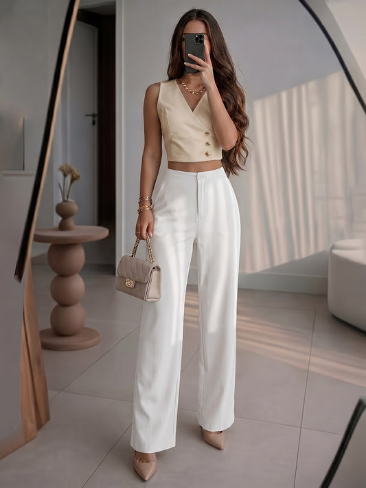Petite High-Waisted Wide Leg Pants - Chic Draped Straight Trousers