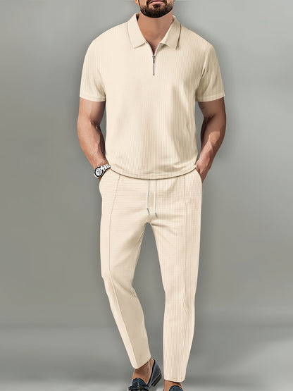 Men's Waffle Knit Quarter-Zip Polo & Drawstring Pants Set