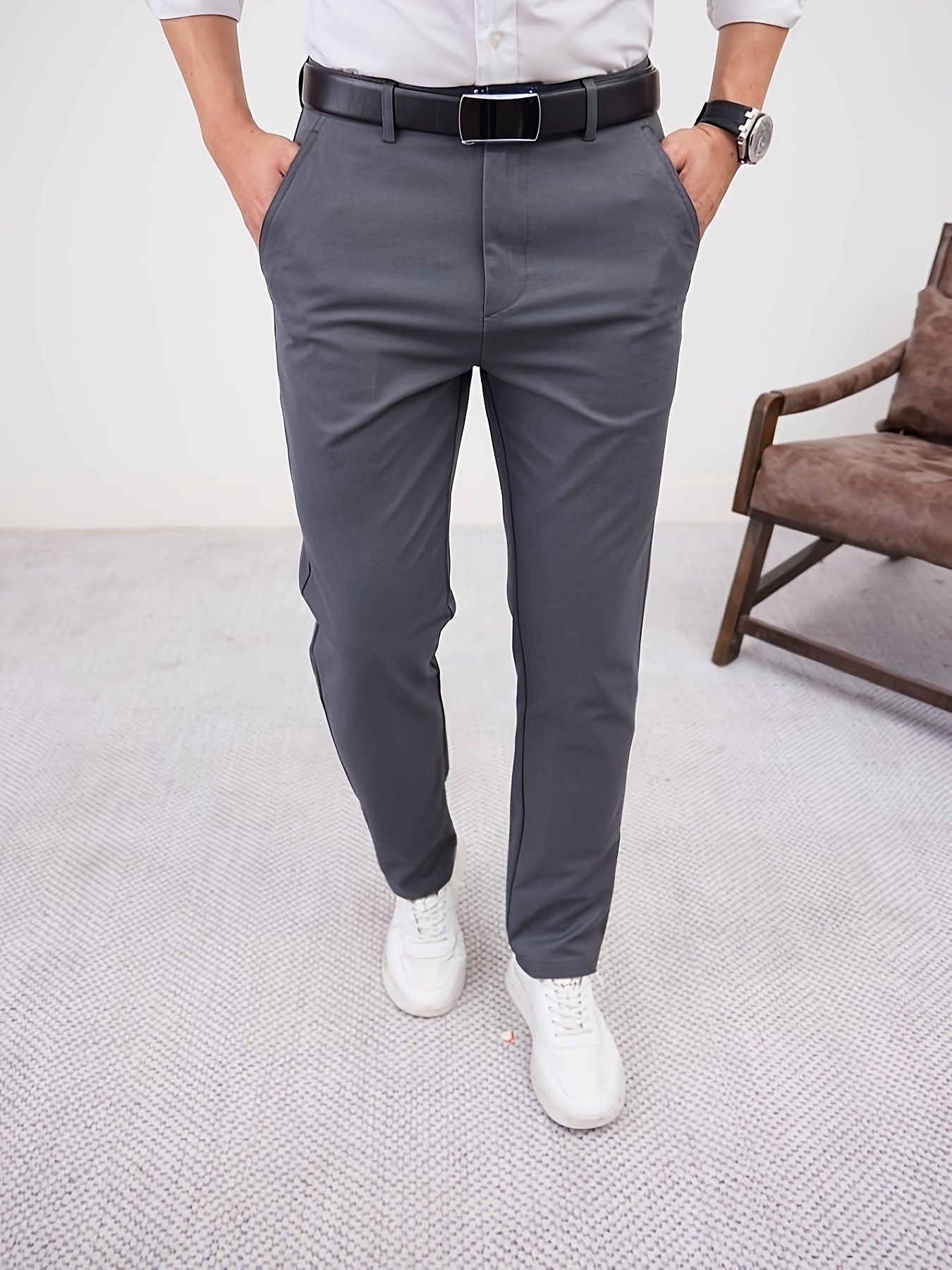 Men'S Casual Solid Color Regular Length Slight Stretch Woven Fabric Pants for Adult
