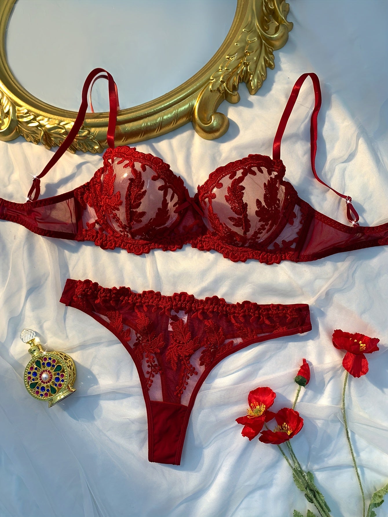 Burgundy Embroidered Sheer Lingerie Set with Steel Ring Bra