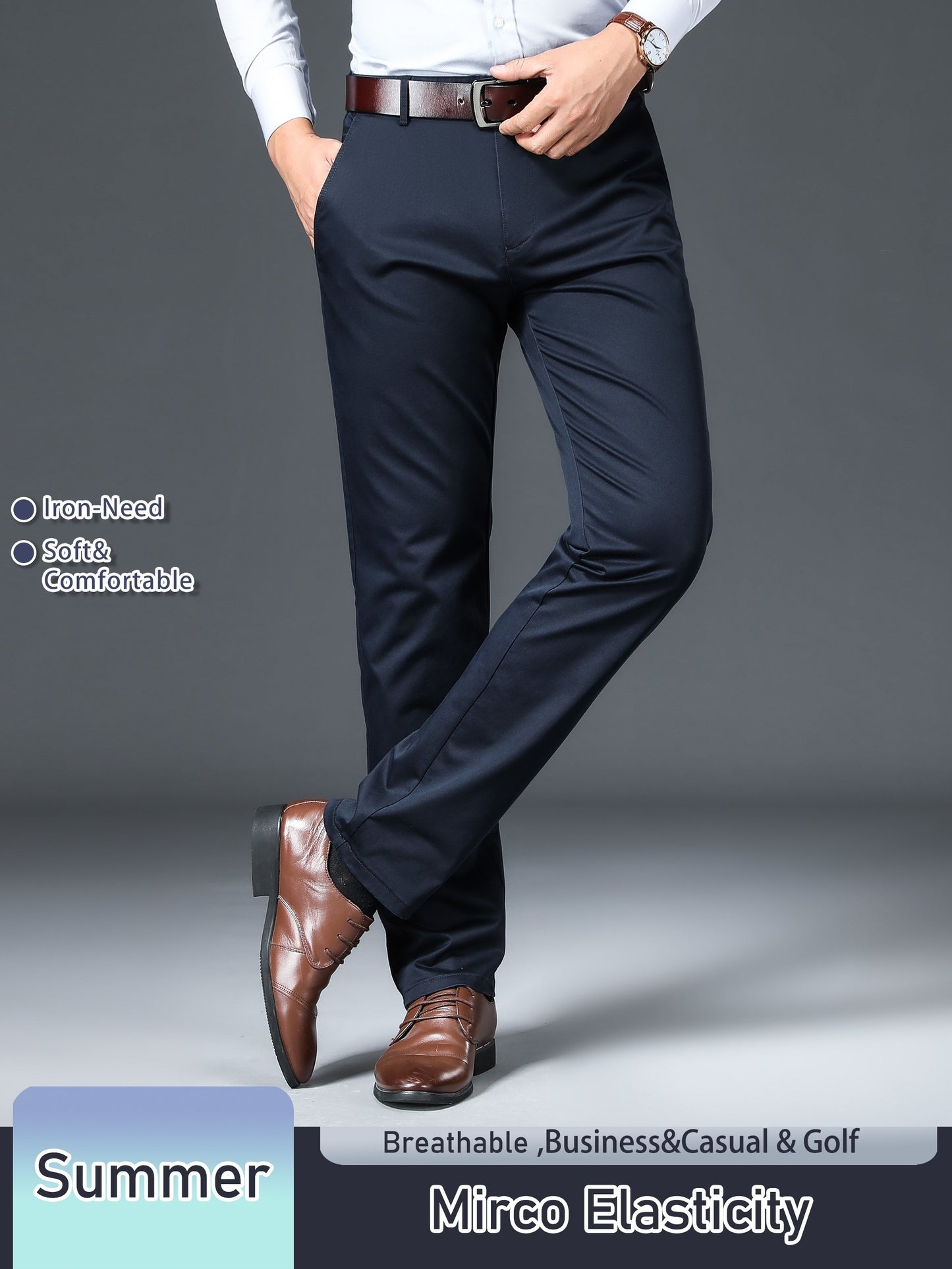 Men's Solid Color Straight Leg Business Style Cotton Blend Pants, Casual Comfy Breathable Outdoor Trousers As Gift
