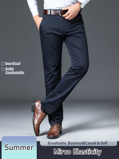 Men's Solid Color Straight Leg Business Style Cotton Blend Pants, Casual Comfy Breathable Outdoor Trousers As Gift