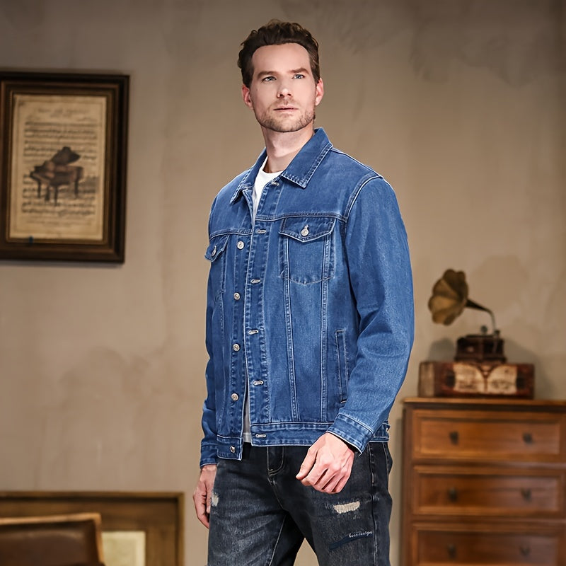 Men's Casual Denim Jacket - Spring & Autumn Collection, Washed Blue, Cotton Blend, Machine Washable, Lapel Collar with Pockets, 2024 New, Denim Jacket