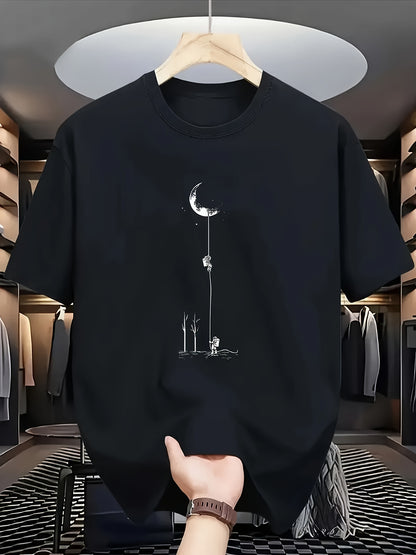 Men's Casual Graphic T-Shirt - Soft Polyester Blend, Crew Neck, Short Sleeve, Summer Style with Unique Moon and Figures Print, Lightweight and Comfortable for Casual Attire, Everyday Tshirt   Artistic Design Shirt   Lightweig