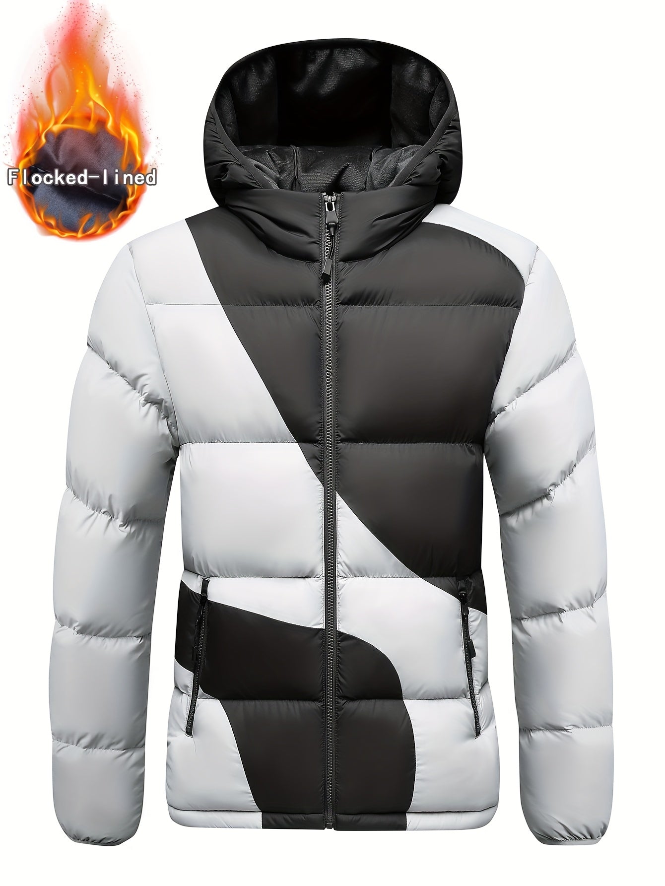 Men's Insulated Winter Jacket with Removable Hood & Thickened Lining - Dark Green/Black Color-Block Design, Zippered Pockets, Full-Zip Closure, Polyester Shell & Insulation for Casual Outdoor & Casual Attire - Cold Weather Co