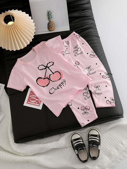 Girls' Cotton Thermal Underwear Set with Pink Cherry Print