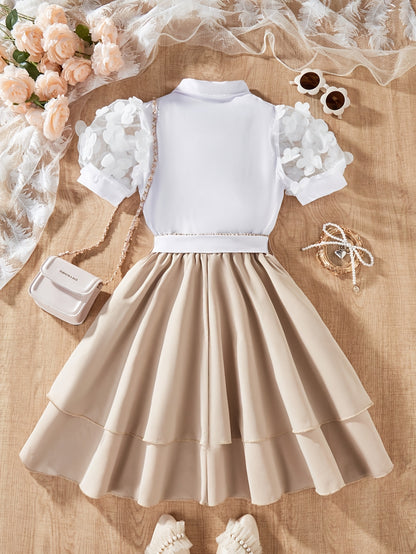 Girls' Summer Layered Skirt Set with Floral Tulle Top & Cardigan