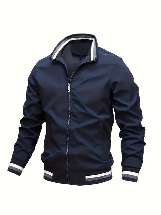Lightweight And Trendy Men's Long Sleeve Zipper Jacket With Stand Collar, Pockets And Stripe Pattern Pieces, Suitable For Spring And Autumn Outdoors Activities