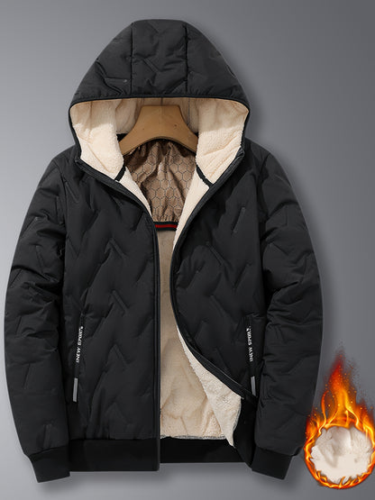 Men's Casual Winter Jacket - Thick Fleece-Lined, Windproof Hooded Coat with Embossed Design, Zip-Up, Solid Color