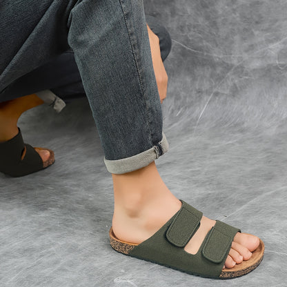 Wide Band PU Flat Slippers with Adjustable Iron Buckle - All Season