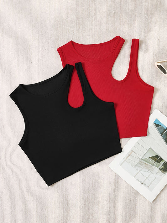 2 Packs Solid Crew Neck Tank Top, Elegant Sleeveless Asymmetrical Tank Top For Every Day, Women's Clothing