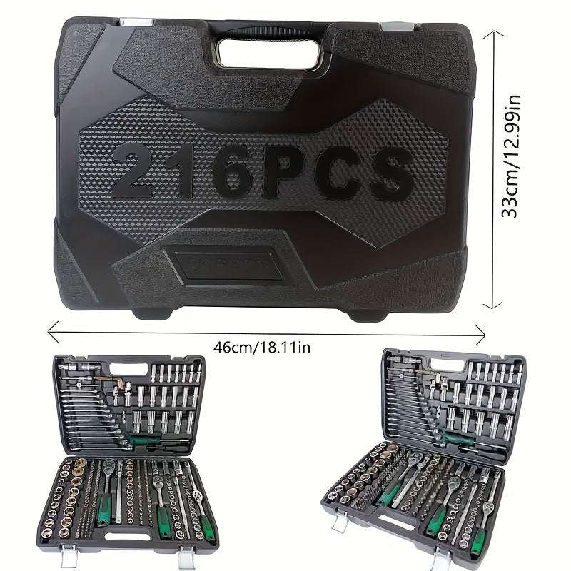 46/216 հատ կրկնակի օգտագործման ավտոմեքենաների վերանորոգման գործիքների հավաքածու | Համընդհանուր օգտագործման համար տան և դրսի համար, պողպատե կոնստրուկցիա, 1/2*1/4*3/8" անցքի խորություն, ստանդարտ միակցիչներ, պրոֆեսիոնալ մրցարշավային կարգի արագ փոխվող