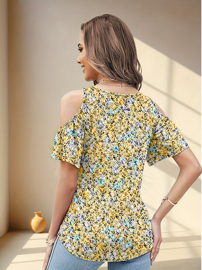 Women'S Summer V-Neck Pleated Floral Print Sexy Off-Shoulder T-Shirt