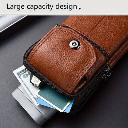 1pc Genuine Leather Cowhide Men's Waist Bag, Multi-Functional Zippered Phone Pouch with Adjustable Strap and Spacious Compartments for Work & Daily Use, Casual Style Top Layer Leather Fanny Pack