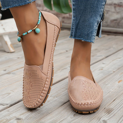 Women's Retro Perforated Flat Shoes, Comfy Breathable Round Toe Slip On Shoes, Casual Outdoor Loafers