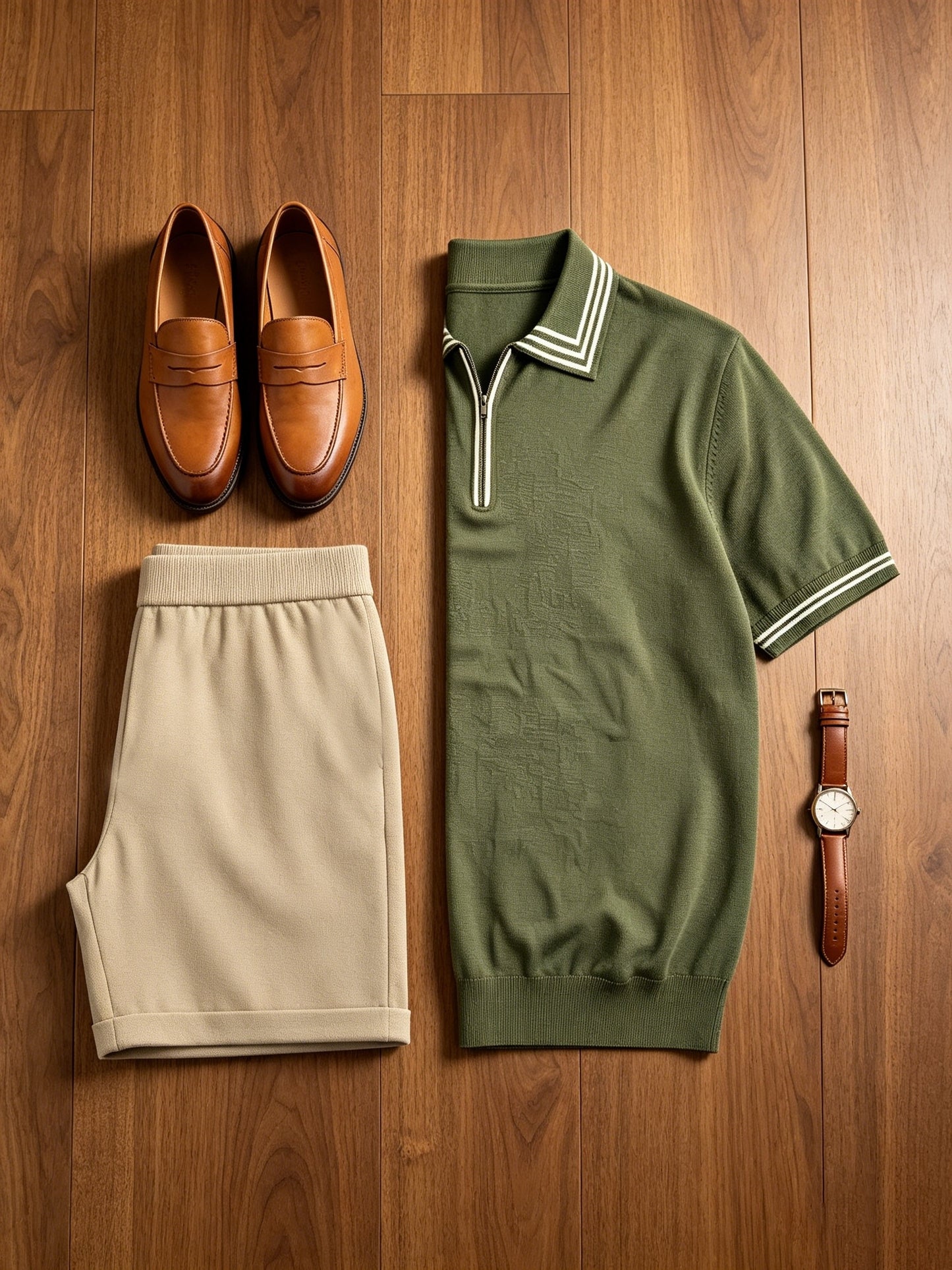 Men's Casual Striped Knit Polo & Lightweight Shorts Set