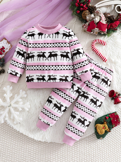 2pcs Girls' Cute Deer Print Fashionable Thick Flannel Set for Autumn/Winter, Soft and Comfortable Warm Outfit, Versatile Casual Attire with Outdoor Activities, Winter Clothing, Autumn Fashion, Stylish Kids' Wear, Playful Desi