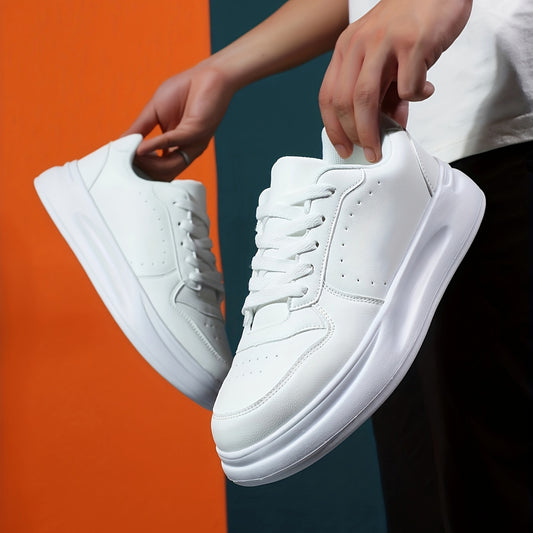 Men's Trendy White Skate Sneakers - Comfortable, Breathable, All-Season Low-Top Lace-Up Shoes with Thick Sole, PU Upper & Mesh Lining for Casual Streetwear