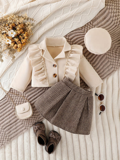 Vintage Girls Set, Ruffle Trim Long Sleeve Lapel Top + Box Pleated Plaid Skirt + Matching Beret, Winter/ Fall Clothes, Casual Outdoor, Party, Gift