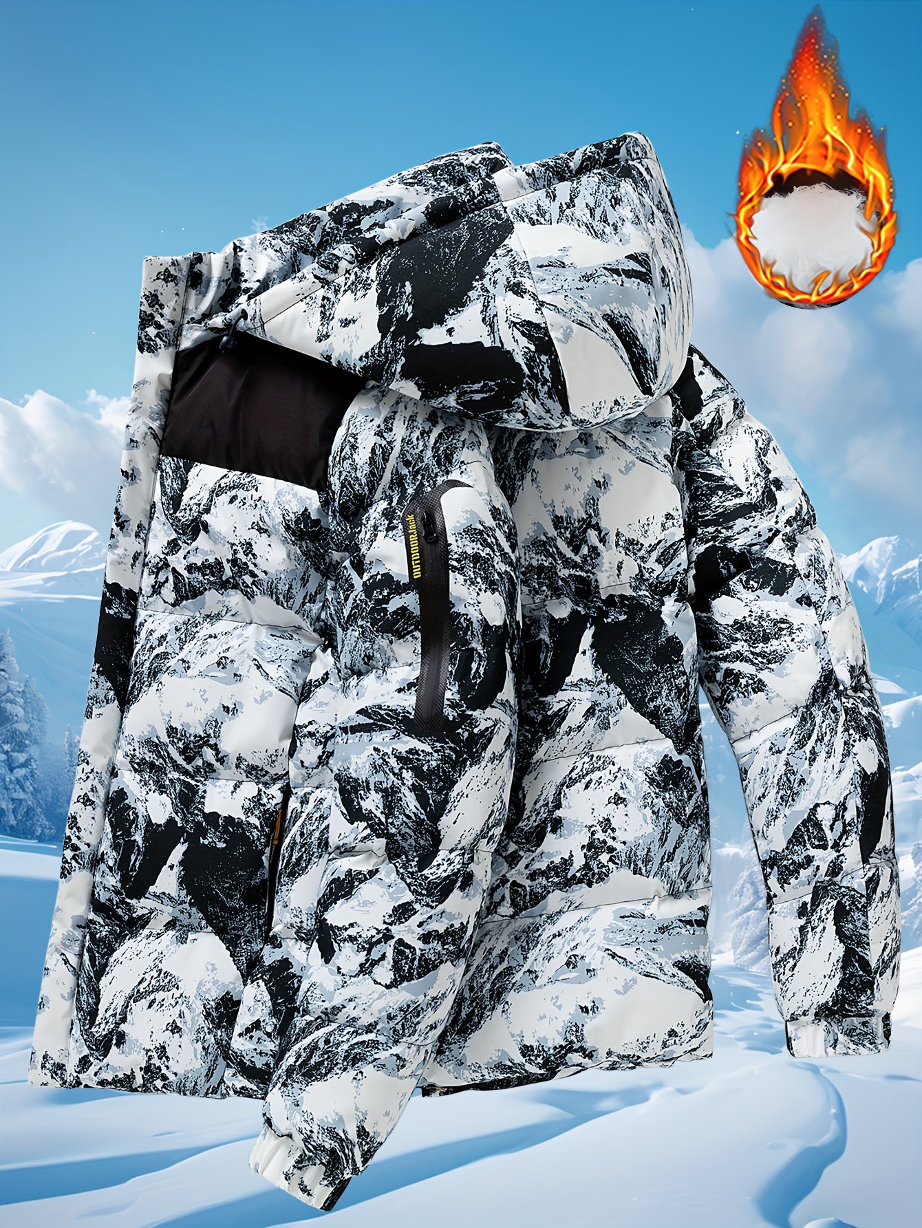 Men's Heavy-Duty Winter Thermal Hooded Jacket - Full-Zip Windproof Coat with Detachable Hood, Full-Zip Front Closure, Zipper Pockets - Machine Washable Cold Weather Jacket for Skiing, Snowboarding, Outdoor Activities - Camouf