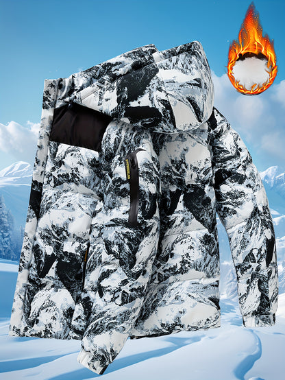 Men's Heavy-Duty Winter Thermal Hooded Jacket - Full-Zip Windproof Coat with Detachable Hood, Full-Zip Front Closure, Zipper Pockets - Machine Washable Cold Weather Jacket for Skiing, Snowboarding, Outdoor Activities - Camouf