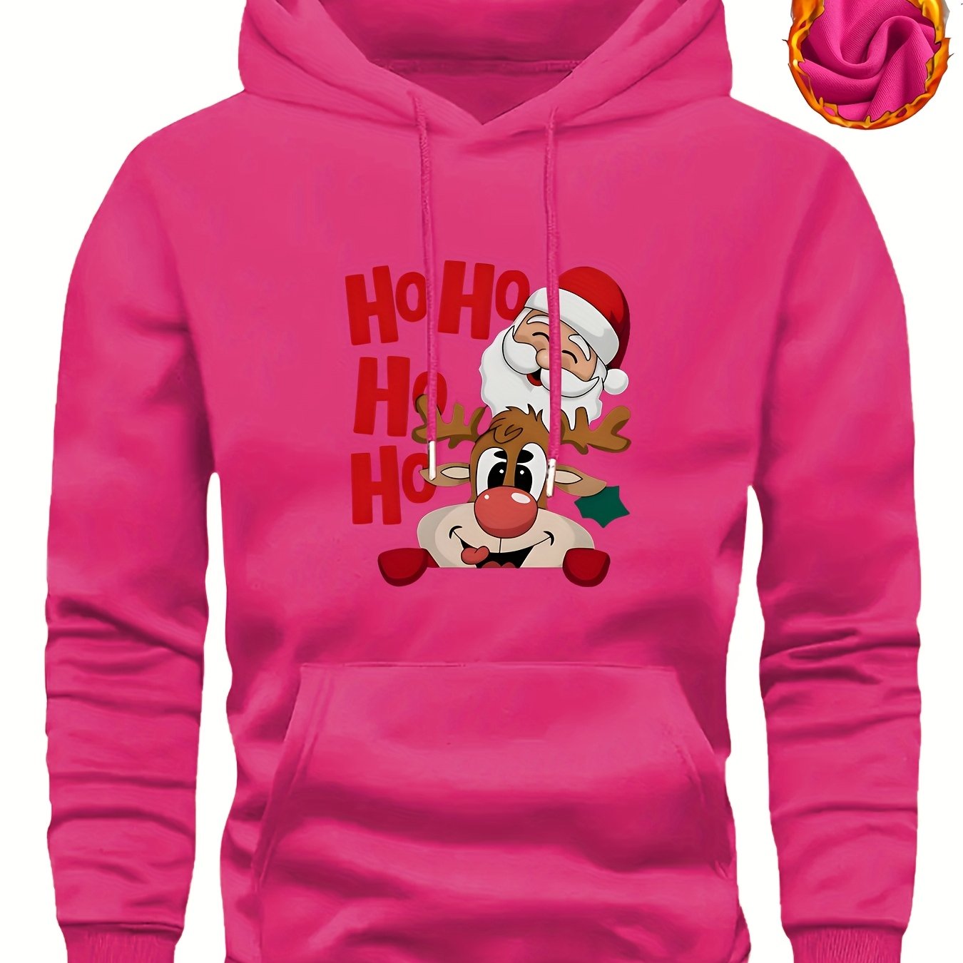 Men's Christmas Hooded Sweatshirt with Rudolph & Santa Print - Thickened Winter Pullover Hoodie, Warm Long Sleeve Casual Sweater for Skiing, Parties, Team Events - Machine Washable (Couple Matching, Unisex Style)
