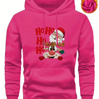 Men's Christmas Hooded Sweatshirt with Rudolph & Santa Print - Thickened Winter Pullover Hoodie, Warm Long Sleeve Casual Sweater for Skiing, Parties, Team Events - Machine Washable (Couple Matching, Unisex Style)