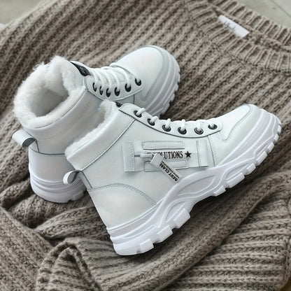 Կանացի կոշտ հարթակով կոճի բարձրությամբ կոշիկներ - Ձմեռային տաք կապերով կոշիկներ հաստ հարթակով, սահքից պաշտպանող ռետինե ներբանով - արհեստական կաշվից վերին մաս - ամենօրյա, պաշտոնական, ցուրտ եղանակի համար - սև/սպիտակ/խակի - հեշտ մաքրվող և դիմացկուն դիզայն