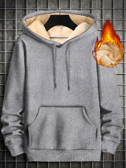 Men's Fleece-lined Cozy Hooded Sweatshirt With Drawstring And Kangaroo Pocket, Men's Hoodie For Winter Outdoor