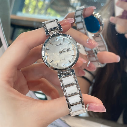 Elegant Women's Quartz Watch with Ceramic Band and Stainless Steel Cas