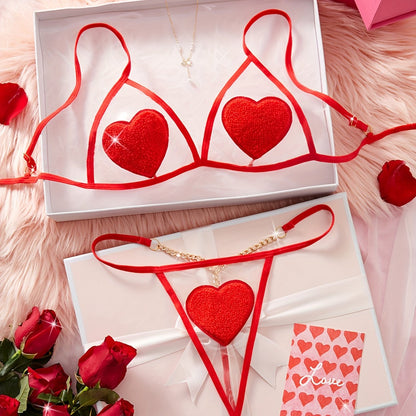 2pcs Christmas Red Love Sexy Underwear Set, Sheer Mesh Bra & Golden Chain Thong, Women'S Sexy Lingerie & Underwear