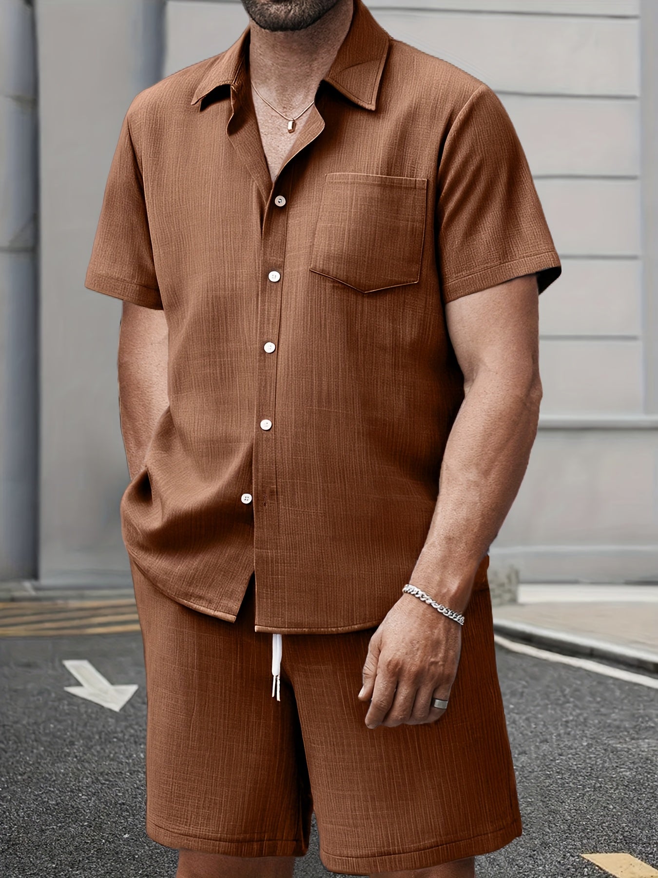 Men's Summer Casual Solid Color Shirt and Shorts Set