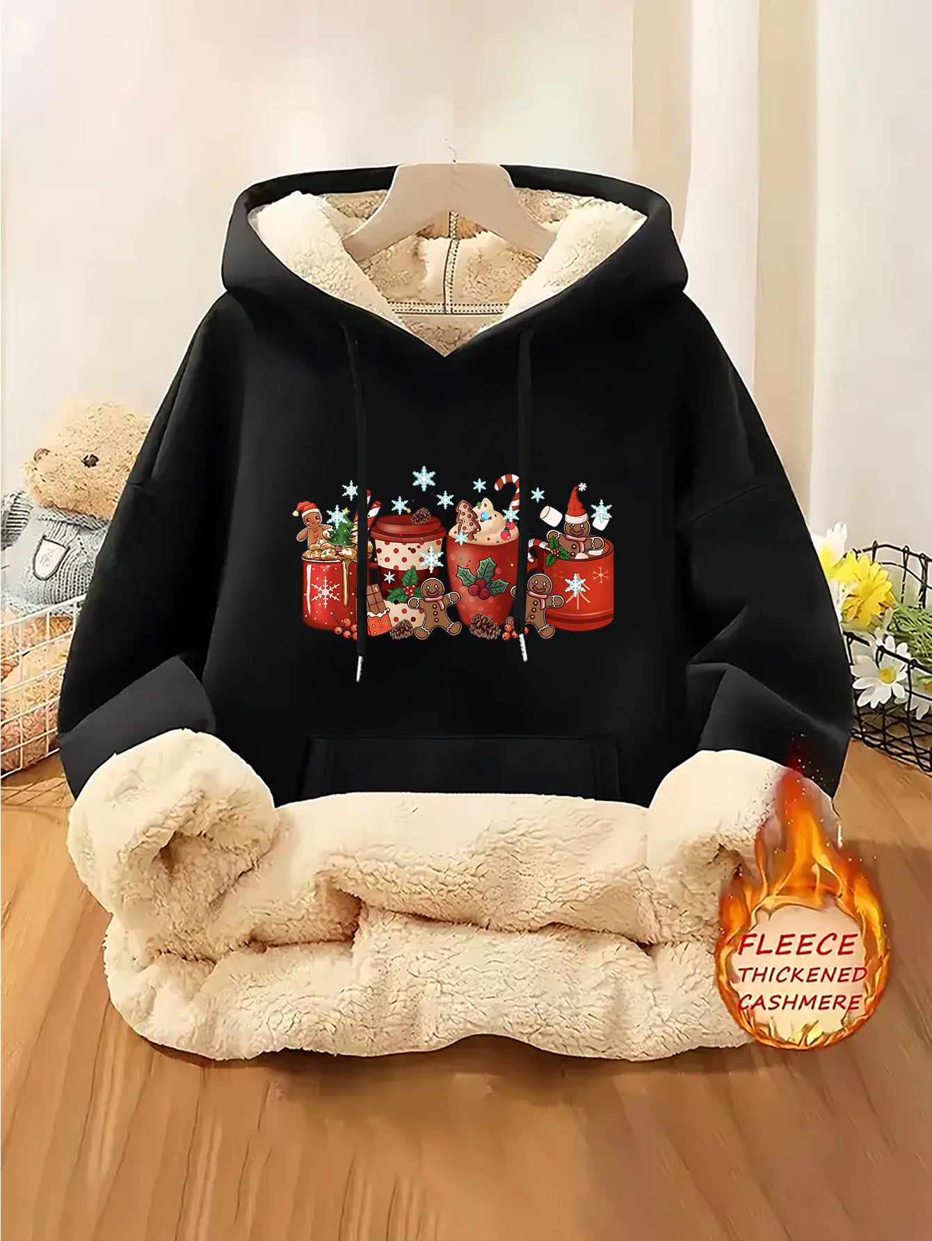 1pc Women's Thick-Lined Hooded Sweatshirt with Gingerbread for Man in Santa Hat & Candy Cane Print - Cozy Plush Lined, Soft Polyester Warm Pullover for Fall/Winter, Machine Washable Casual Outerwear, Cold Weather Wear, Minima
