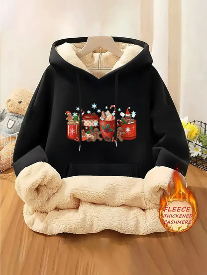 1pc Women's Thick-Lined Hooded Sweatshirt with Gingerbread for Man in Santa Hat & Candy Cane Print - Cozy Plush Lined, Soft Polyester Warm Pullover for Fall/Winter, Machine Washable Casual Outerwear, Cold Weather Wear, Minima