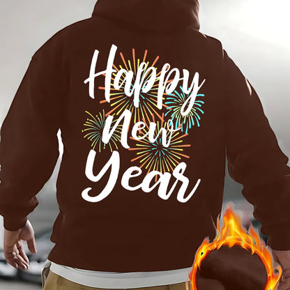 Men's New Year's Eve Fireworks Print Hooded Sweatshirt - Happy New Year Back Design with Adjustable Drawstring Hood, Loose Fit Streetwear Pullover, Warm Winter Casual Sweater for Parties & Casual Attire (Machine Washable), Re