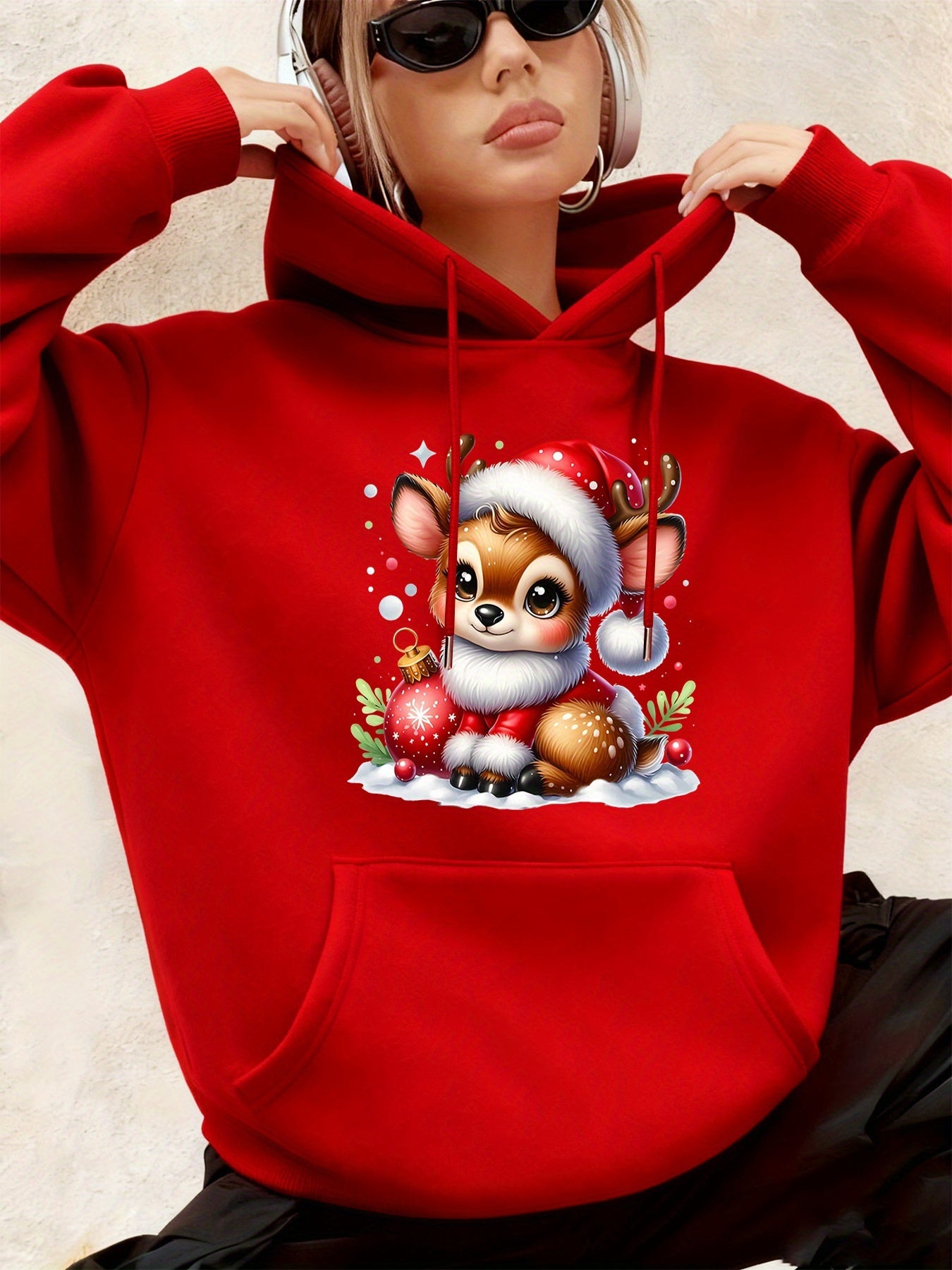 Women's Hooded Sweatshirt, Christmas Fashion Loose Elegant Long Sleeve Drawstring Hoodie, Atmospheric Print Red/Dark Green/Tender Pink/Violet Hooded Sweatshirt, Holiday Gift, Women's Clothing