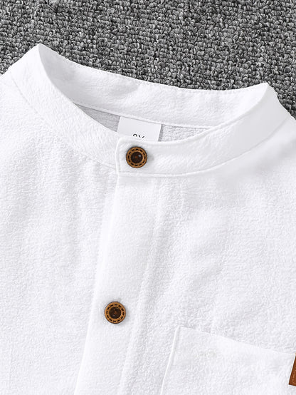 Boys' Summer Stand Collar Short Sleeve Shirt - Preppy Style